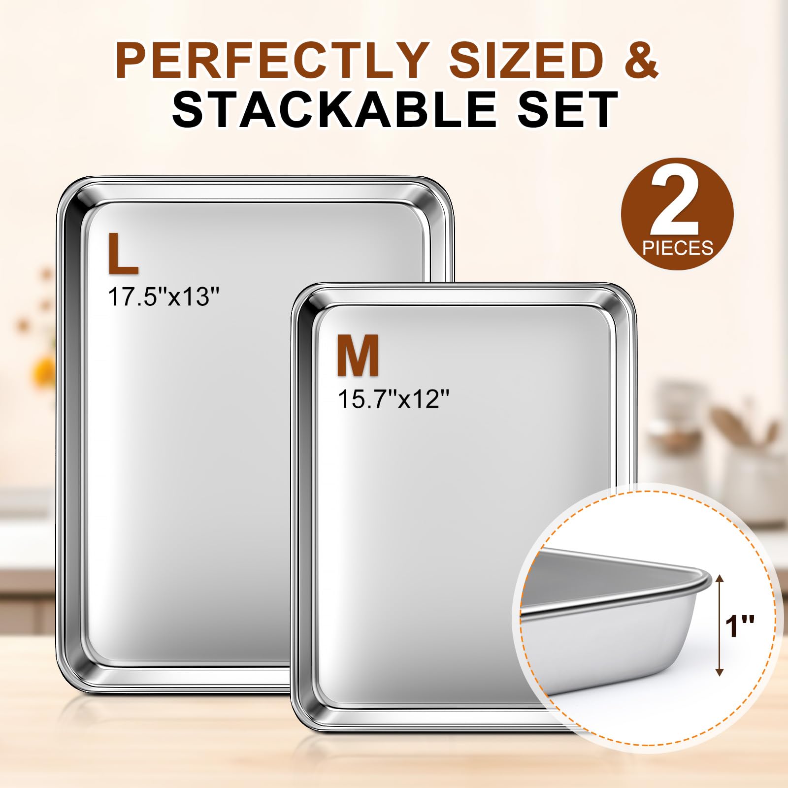 Backblech-Set, handelsübliche Edelstahl-Backbleche zum Backen, 44 x 33 cm, dickeres und festeres Backformen-Set, rost- und verwindungsbeständig, antihaftbeschichtet, ungiftig und strapazierfähig, 2