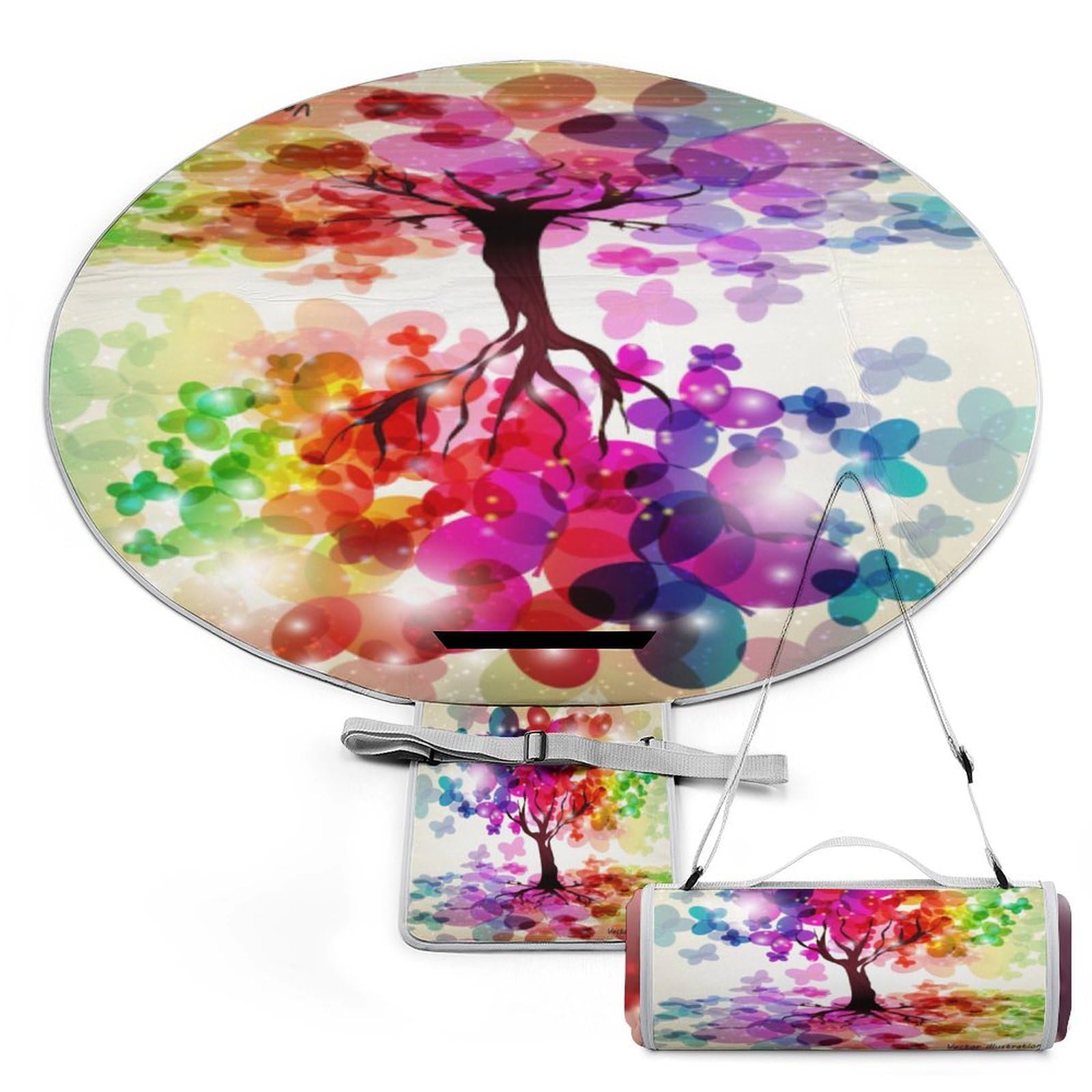 SEEKJOYS Colorful Butterfly Tree Round Picnic Blanket with Carry Strap Foldable Portable 3-Layer Waterproof Beach Blanket for Outdoor Camping Summer Beach Mat 60 Inchs Diameter