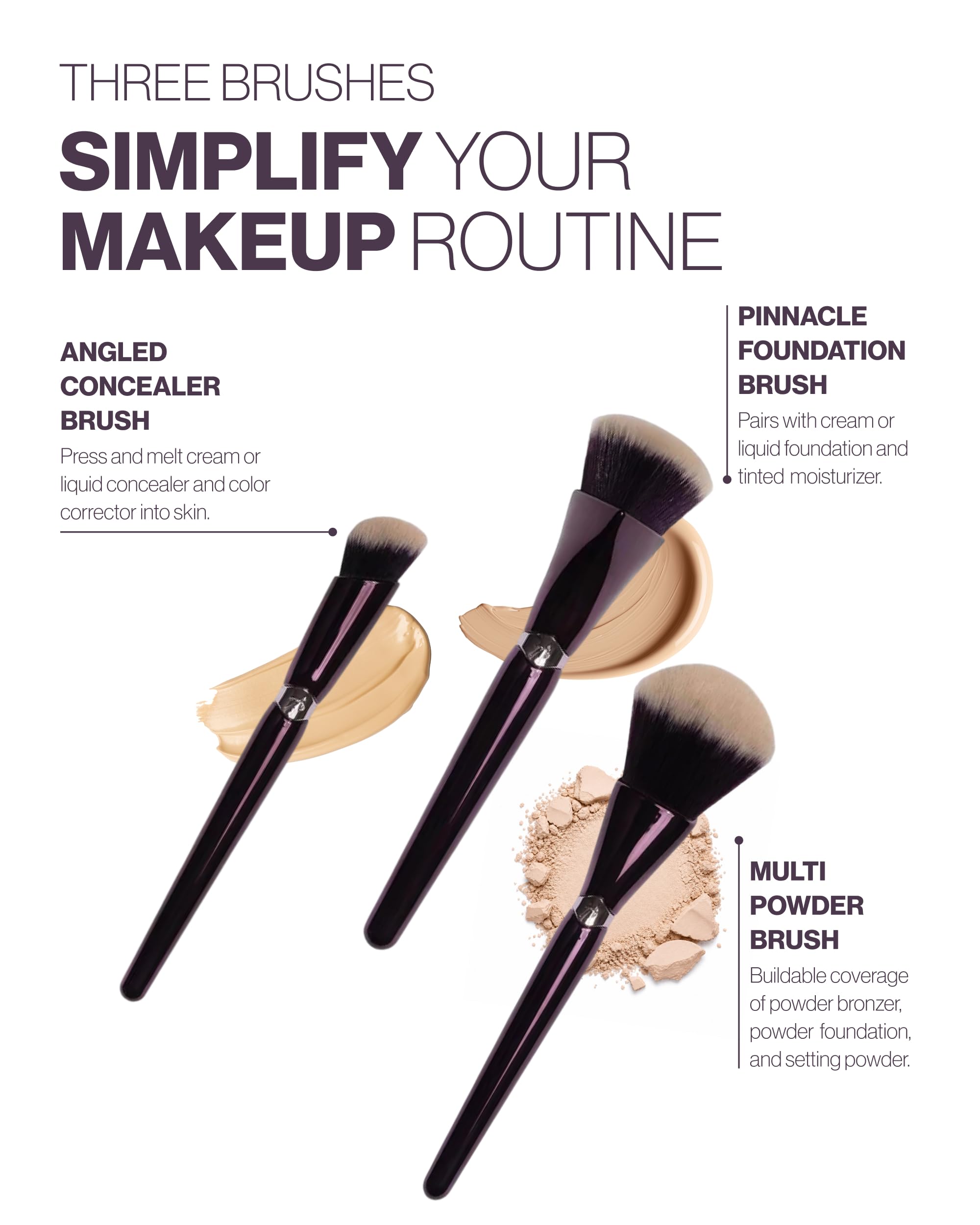 Anisa Beauty Starter Everyday - Juego de 3 brochas de maquillaje esenciales | Para aplicación de base, corrector y polvo: fibras sintéticas suaves para un acabado impecable y sin manchas