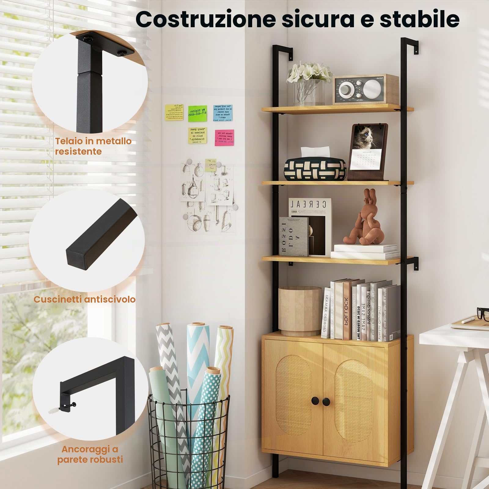 LIFEZEAL Libreria a 3 livelli, 184 cm, scaffale a scala con ripiano regolabile e armadio, mensola portaoggetti con ante in rattan e telaio in metallo per soggiorno, ufficio casa, camera da letto