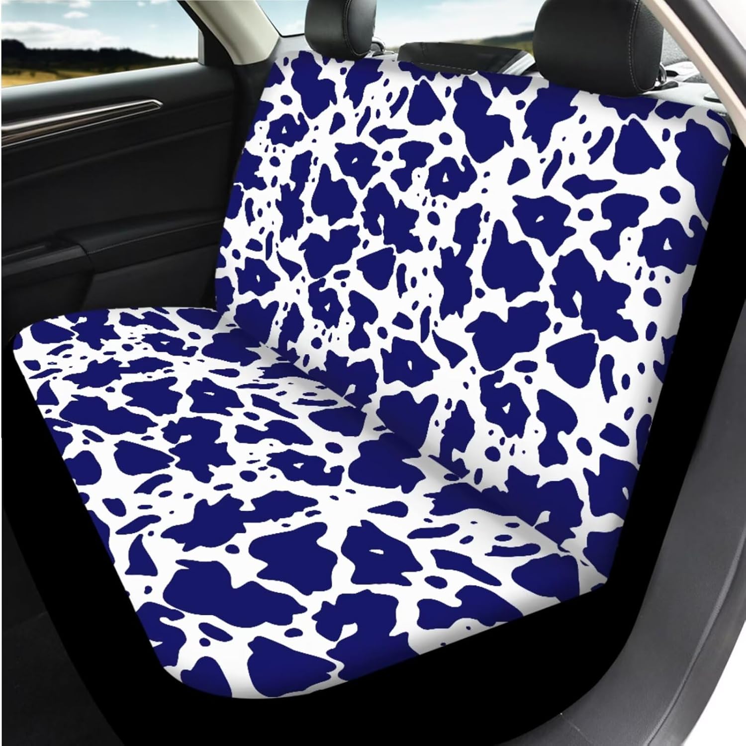 14 Pcs Blue Cow Print Car Seat Covers Full Set, Auto Steering Wheel Cover Armrest Cushion Head Rest Protector Seat Belt Covers,Car Interior Accessories Sets Unverisal Fit Cars SUV Turcks