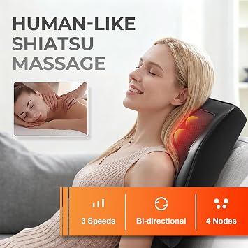 Shiatsu Back Massager with Heat, 3D Kneading Massage, Black | Plug-in, PU Leather, Ergonomic, 3 Speed Modes, Remote Control, Neck Shoulder Pain Relief, Home Office, Gift for Women Men