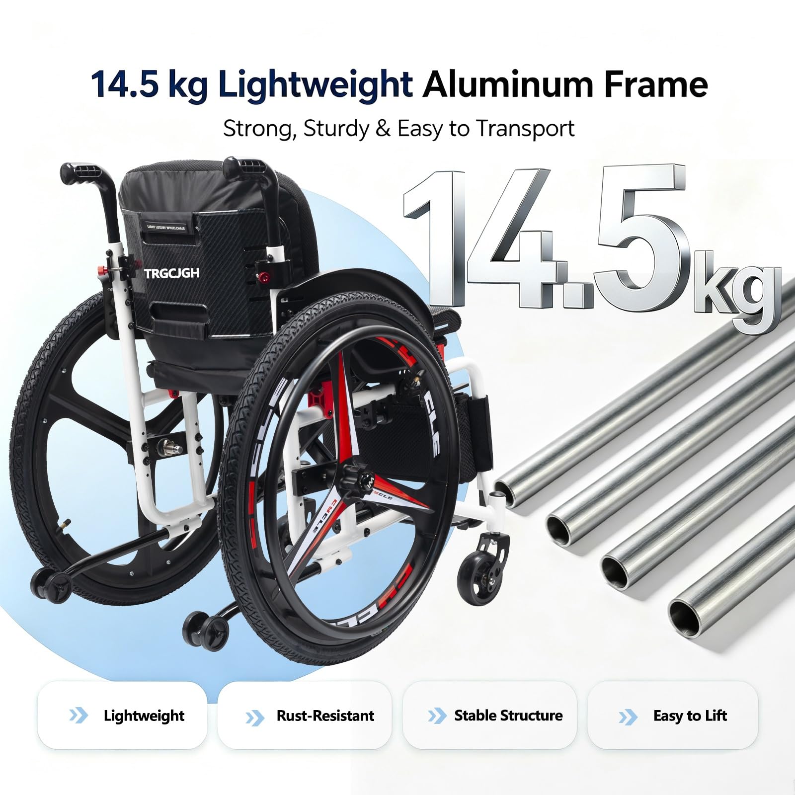 Sedia a Rotelle Pieghevole Leggera (Sedia Stretta), Carrozzina | Autospinta, Freno manuale, Poggiapiedi pieghevoli, da Transito，Alluminio, 14.5kg(Black,17.3in Seat Width)