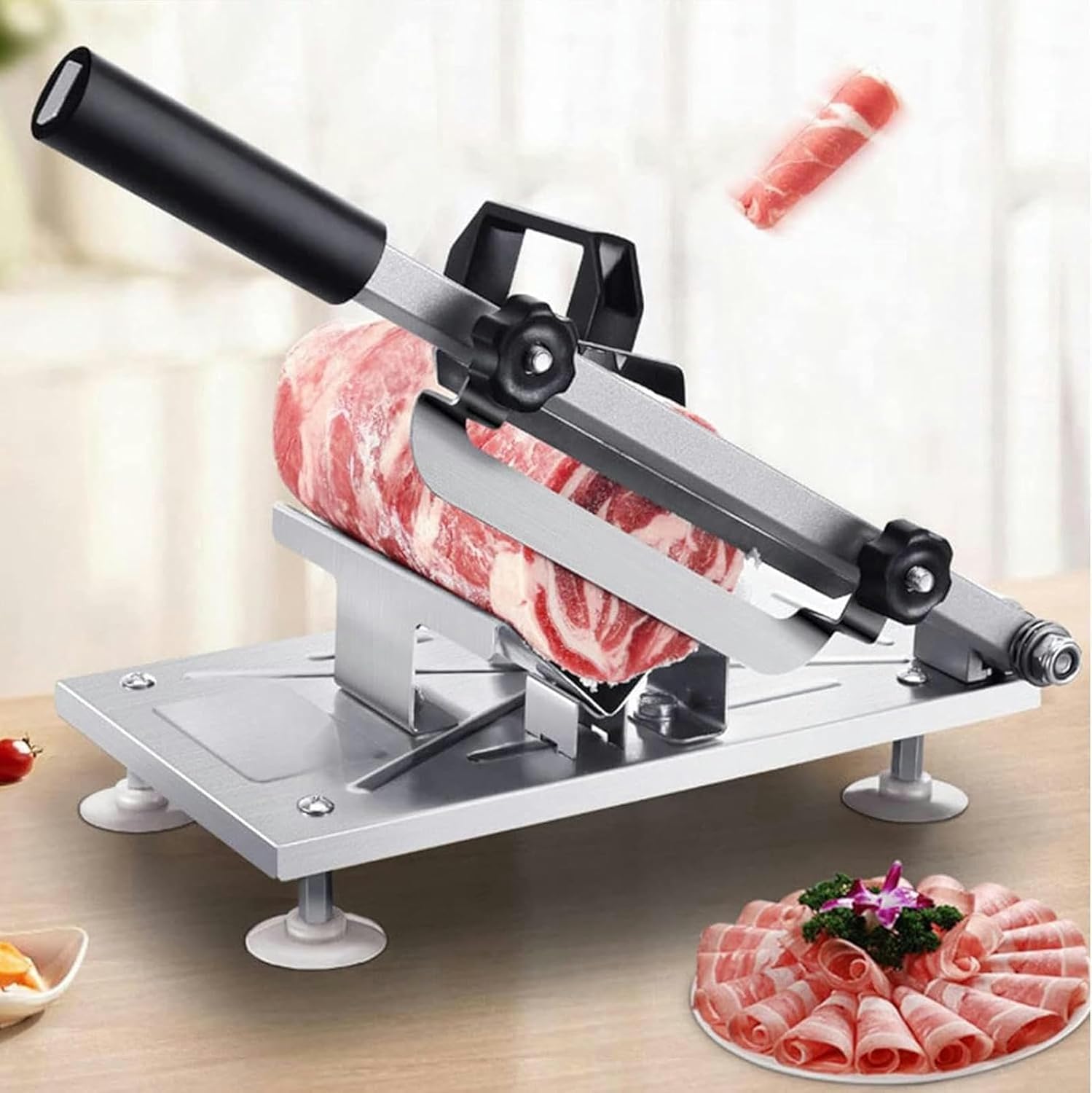 Wzglod Manual Meat Slicer, Stainless Steel Frozen Meat Cutter, 0.3-8 MM Adjustable Thickness Food Slicer Machine for Home Use Beef Mutton Roll Cheese Bacon Deli Hotpot
