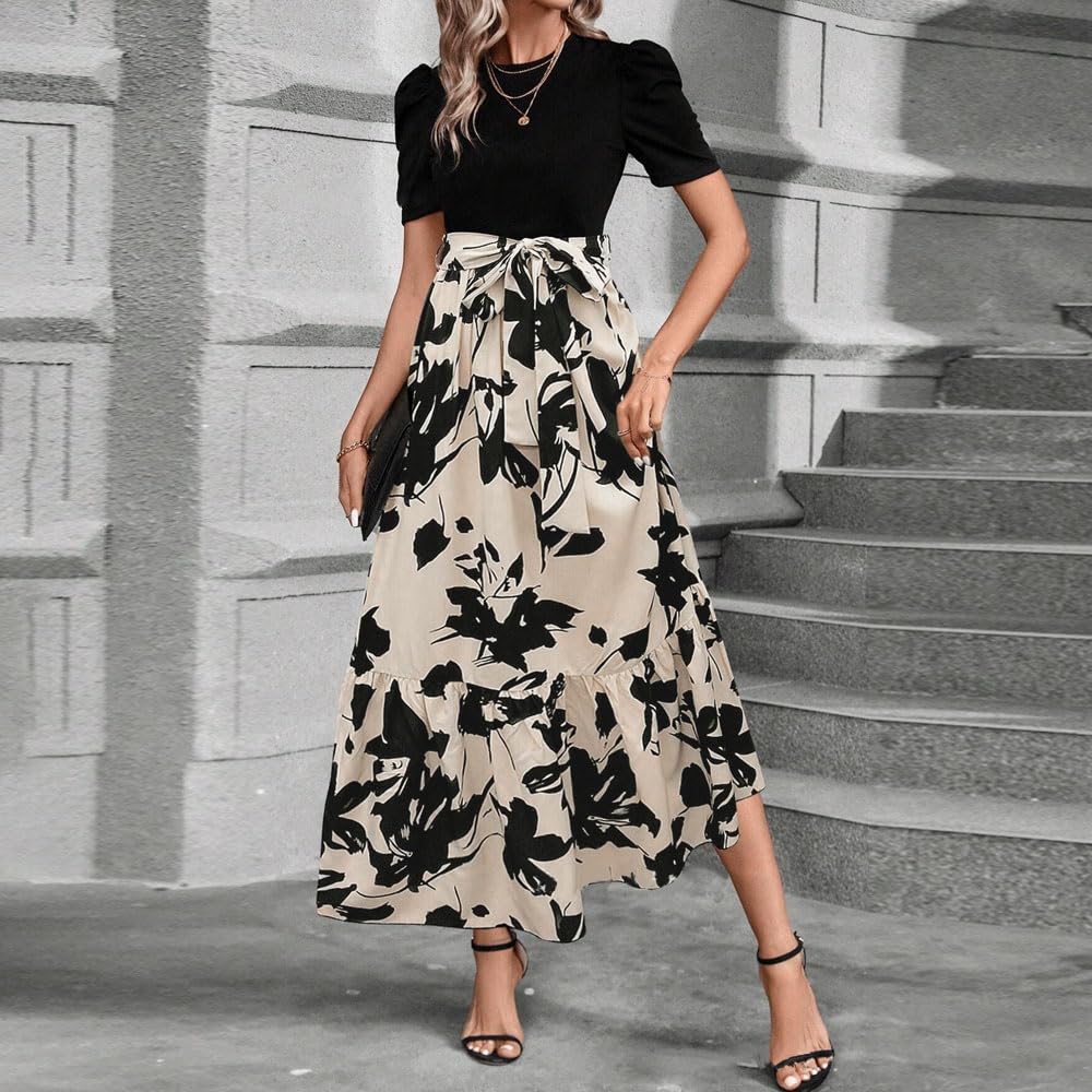 Vestito Donna Stampa Floreale Maniche Corte Scollo Rotondo Abiti Elegante Orlo a Volant Estivo Vestiti da Cocktail Party