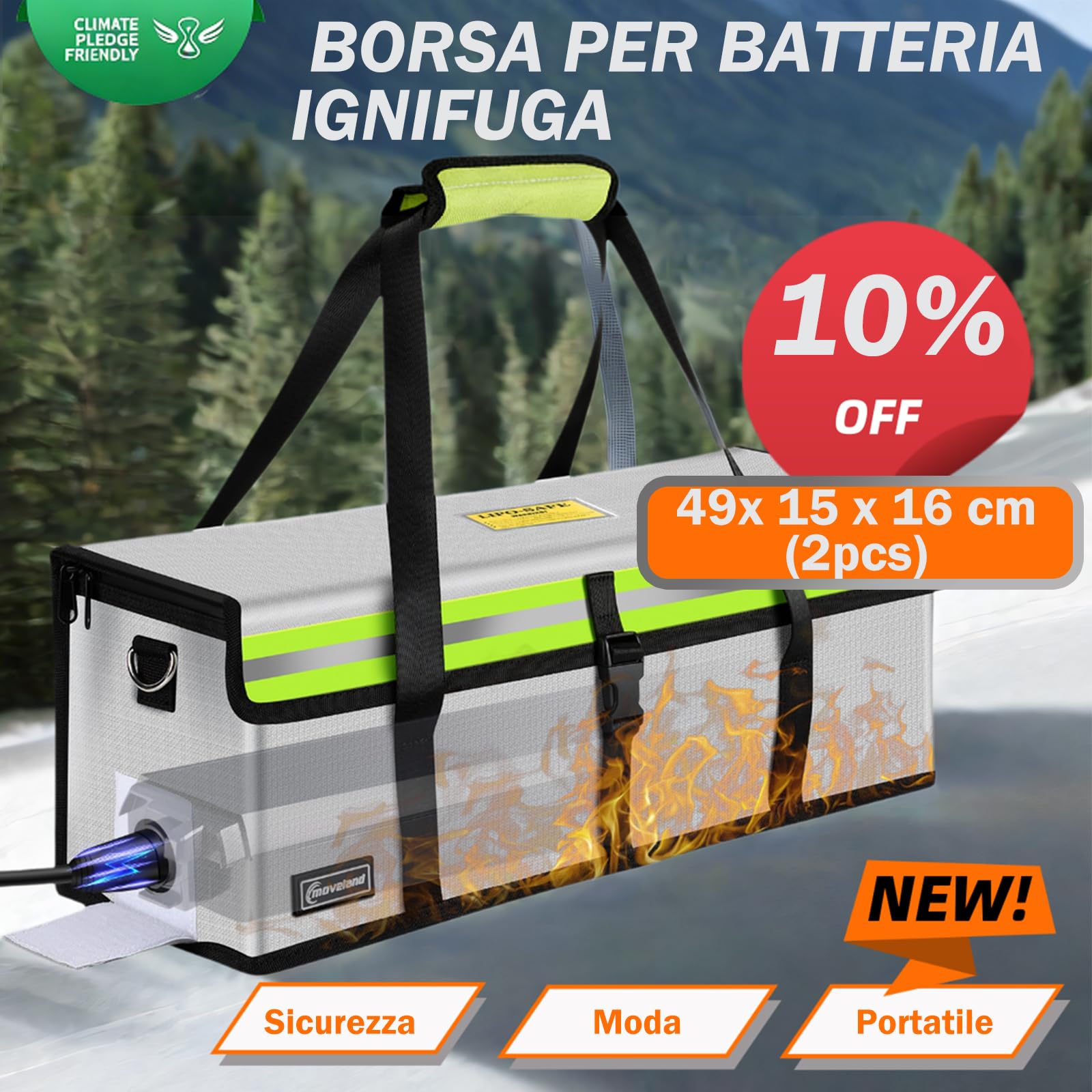 moveland 2 sacchetti per batteria Ebike, ignifughi, fino a 1400 °C, con batteria a prova di esplosione, 49 x 15 x 16 cm, tripla protezione per e-bike, protezione antincendio con porta di ricarica
