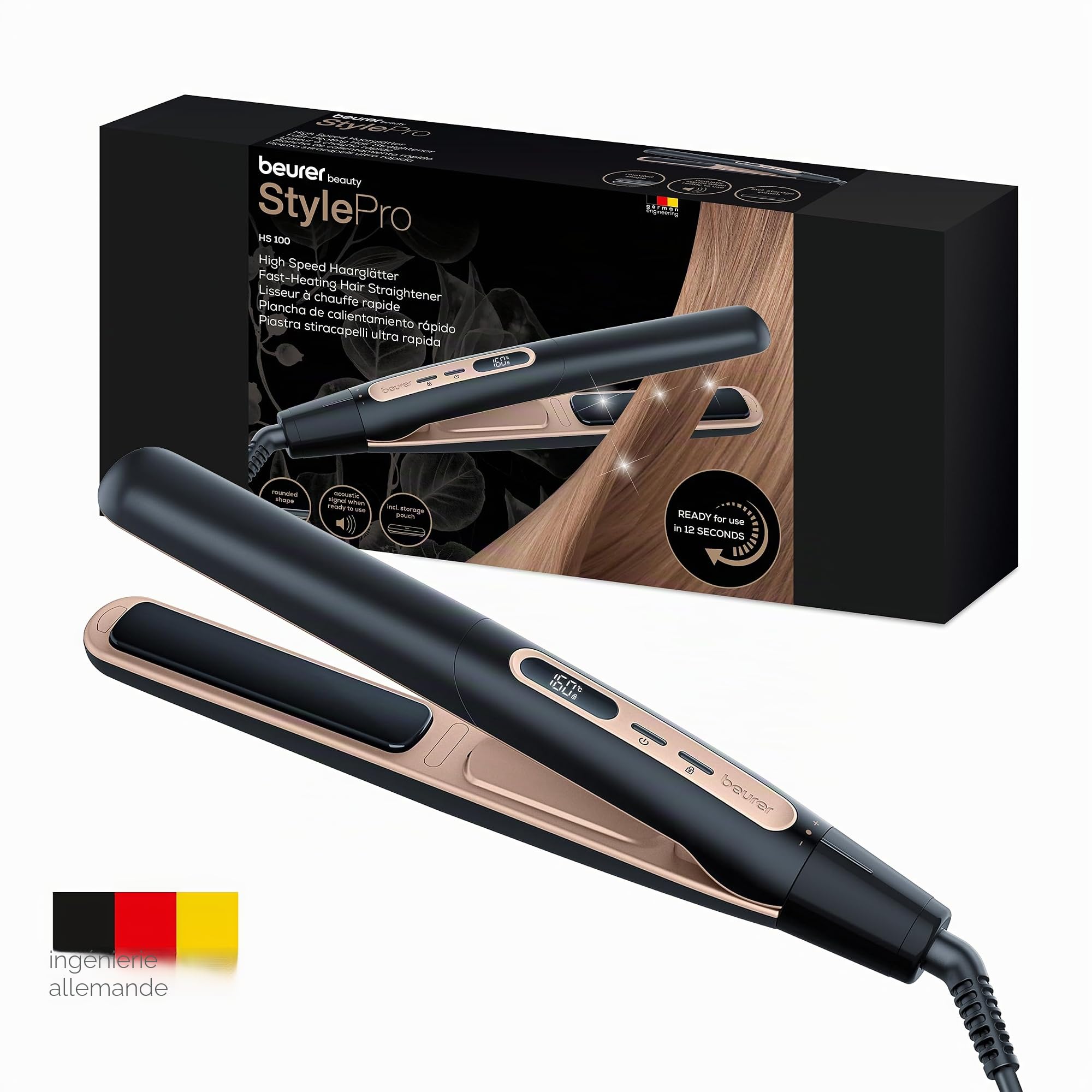 Beurer HS 100 Lisseur avec chauffage rapide en 12 secondes, fer à lisser avec revêtement céramique, fonction ionique pour des cheveux brillants, bords arrondis pour les styles de boucles
