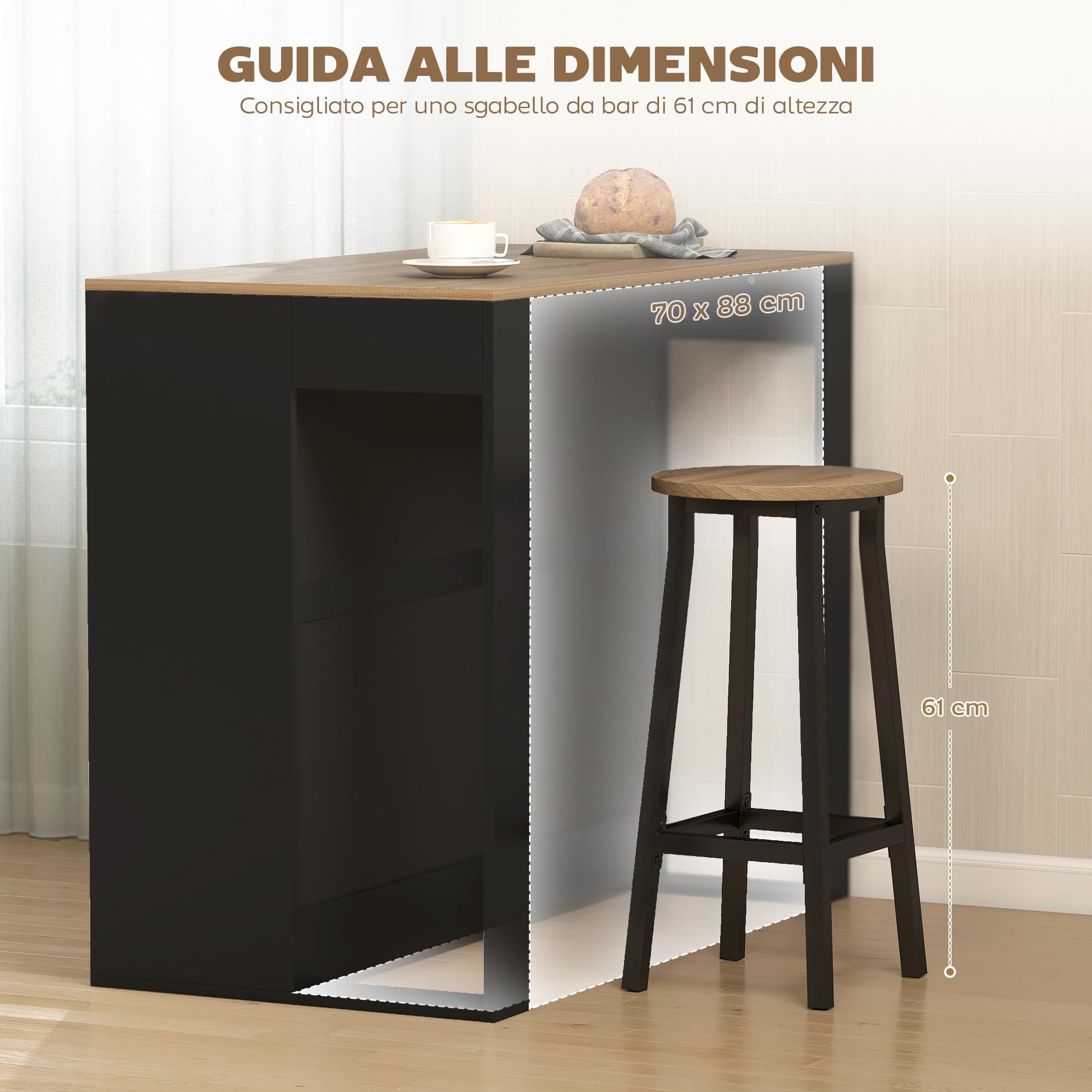 HOMCOM Tavolo Bar con 3 Ripiani 113x60x90 cm Nero e Color Legno
