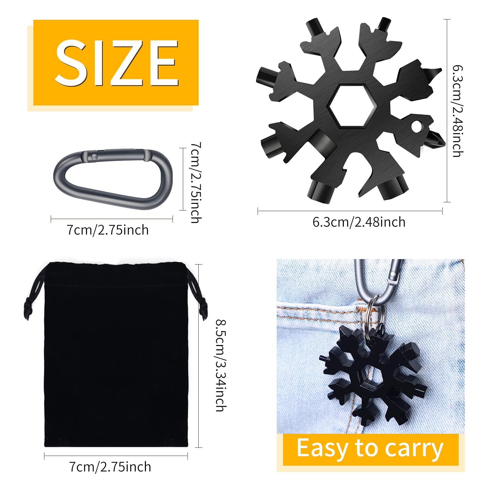 Snowflake Multitool, 5 Pieces 18-in-1 Stainless Steel Snowflake Standard Multitool, Snowflake Tool with Key Ring, Carabiner Clip and Gift Bag (Black)
