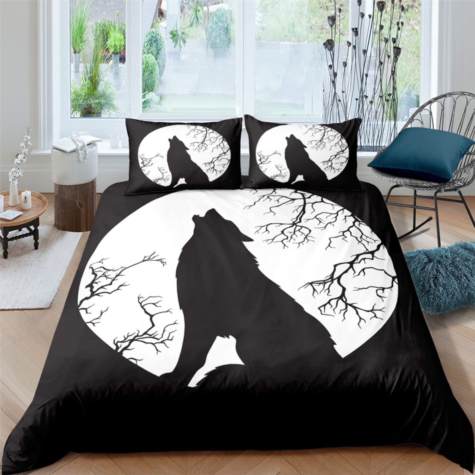 Housse de couette loup noir 160x200 cm en microfibres avec 2 taies d'oreiller