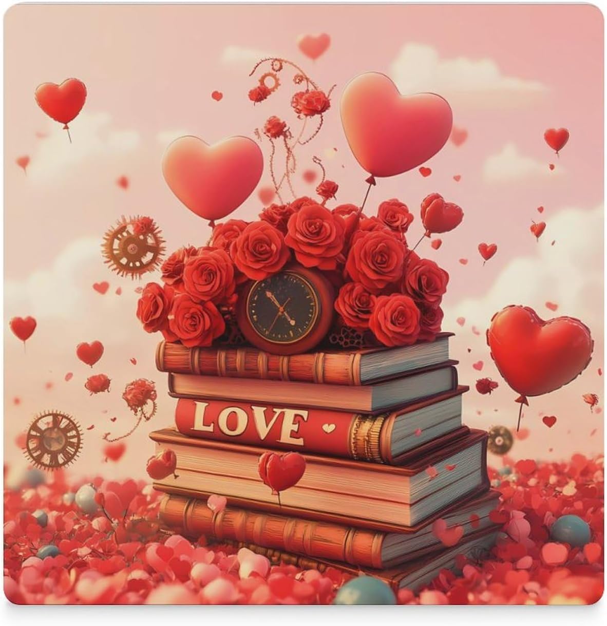 Valentines Love Books Roses Ballons Funny Ceramic Coasters for Drinks Absorbent Cup Holder Tabletop Protector with Cork Base