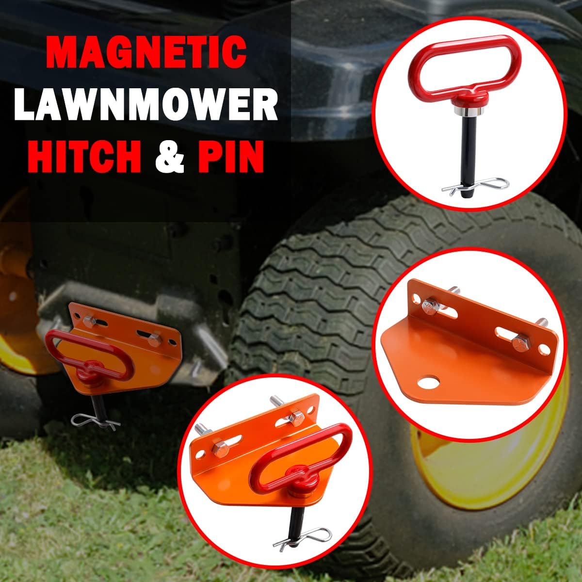 Universal Heavy Duty Zero Turn Mower Trailer Hitch and Strong Heavy Duty Neodymium Magnetic Trailer Hitch Pin with 2 Bolts -1/2'' R-Clip (Combo Pack,Red＋Orange)
