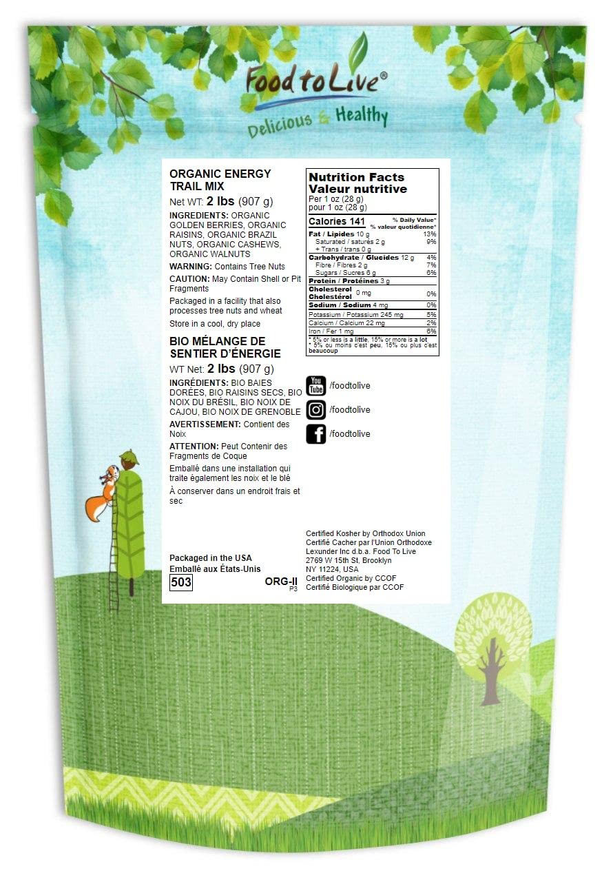 Food to Live Organic Energy Trail Mix, 2 Pounds — Non-GMO and Raw Nuts and Berries including Cashews, Golden Berries, Raisins, Walnuts, and Brazil Nuts. Non-Irradiated, Vegan Superfood, Bulk - Image 2