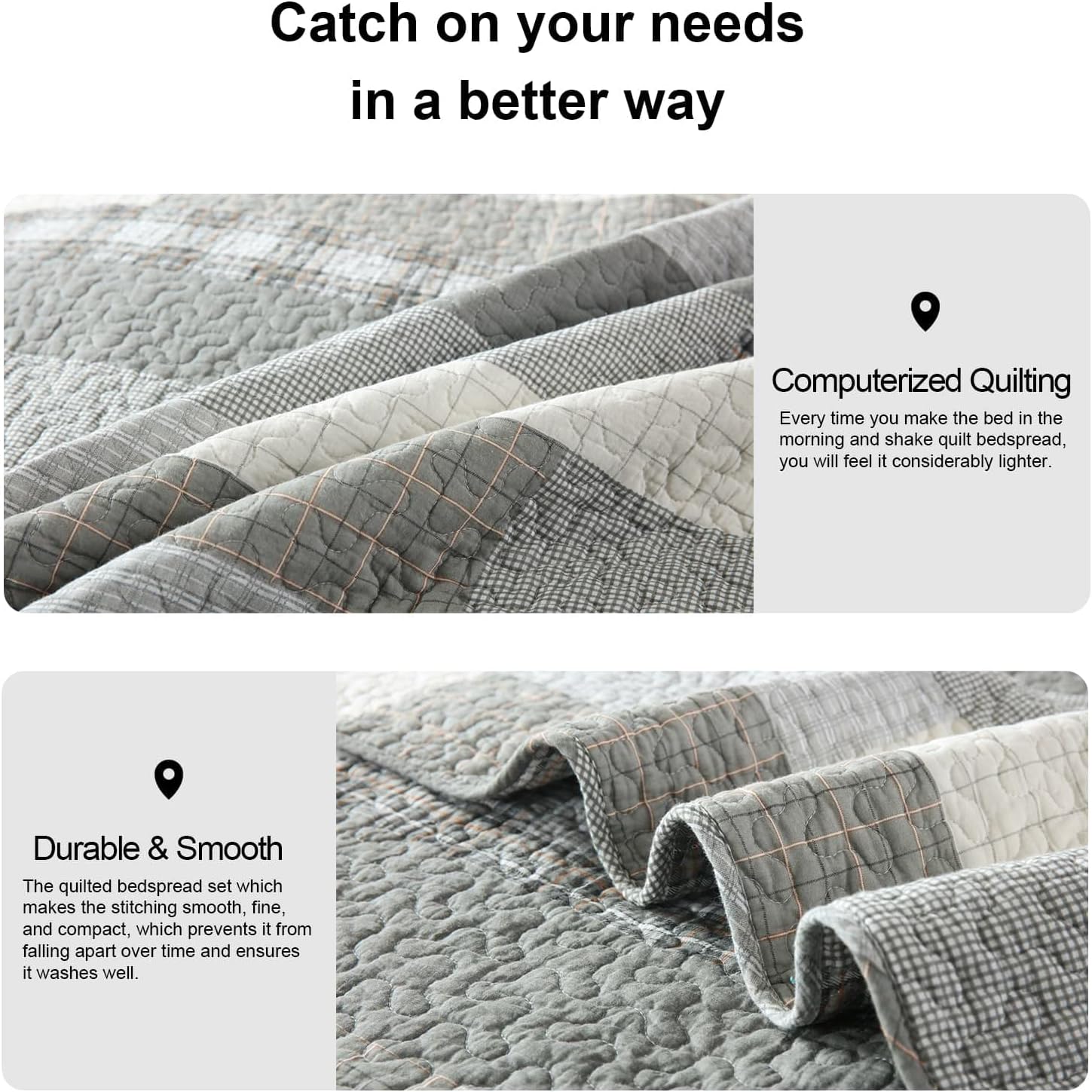 PANGUSHAN Quilts Set Queen Size,100% Cotton Patchwork Plaid Queen Quilt Bedding Set Bedspread for Queen Bed,Grey(Gray)/Cream/Khaki Farmhouse Rustic Reversible Lightweight Comforter Bed Cover,3 Pieces - Image 7