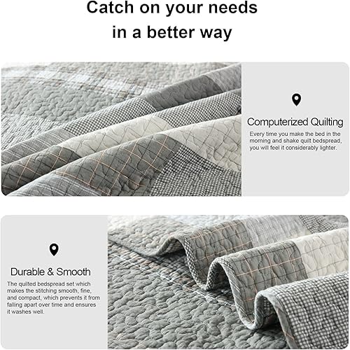 Miniatura 7 de PANGUSHAN Juego de edredón tamaño King, juego de ropa de cama 100% algodón, gris (gris)cremacaqui, retazos a cuadros, rústico, reversible, ligero,