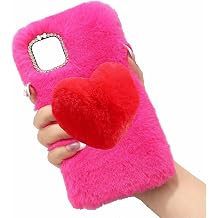Miagon Cute Fluffy 3D Case for Xiaomi Redmi 12C,Girls Women Furry Rabbit Faux Winter 3D Heart Fur Cover Soft Silicone Shockproof Bumper,Rose Red