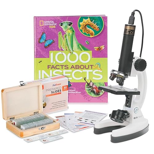 AmScope - Kit de microscopio y cámara premium de 85+ PC 120X-1200X con software interactivo amigable para niños y kit de exploración de insectos de