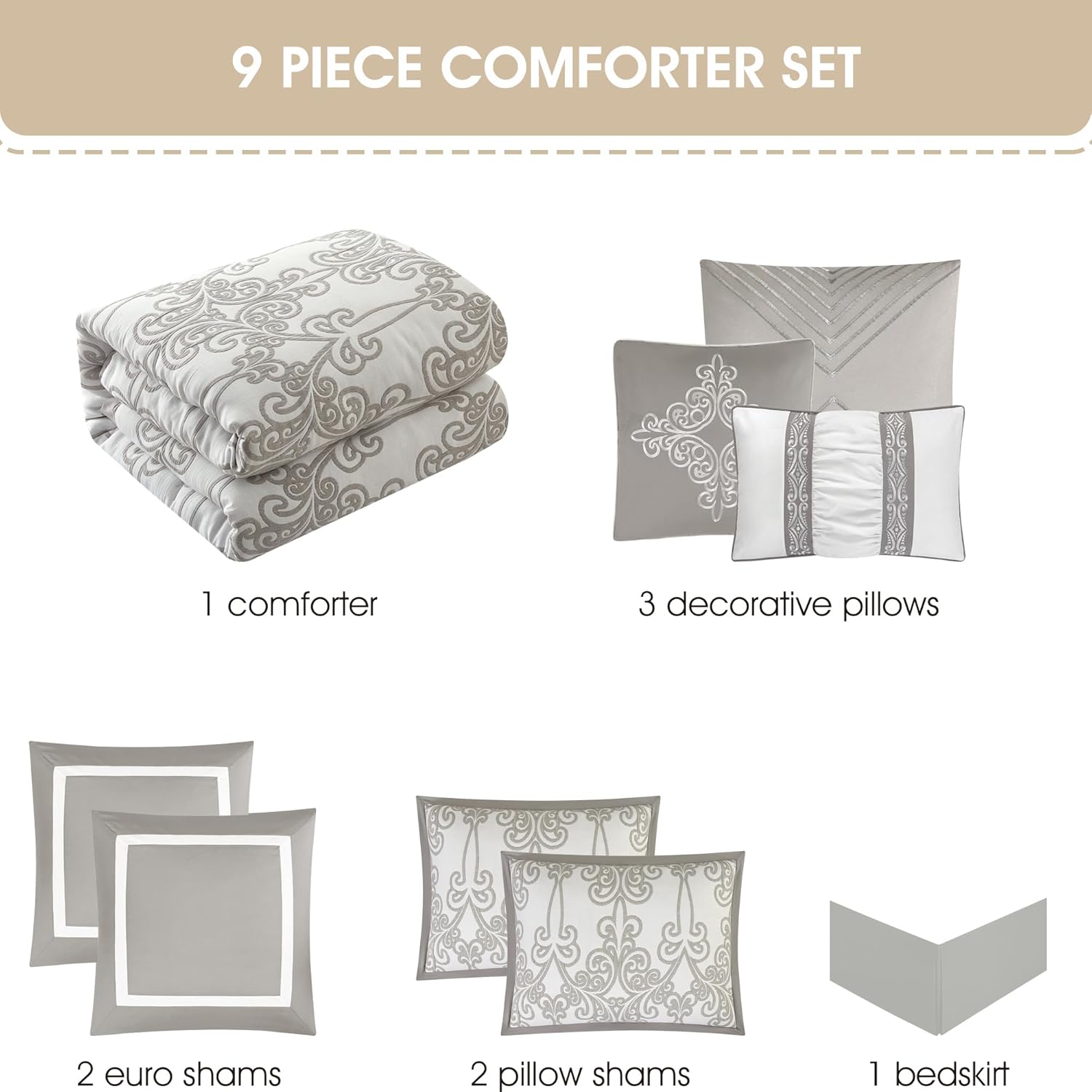 Stratford Park Smoke Grey Comforter Set California King Size, 9 Piece Jacquard Floral Bedding Set, All Season, Ultra-Soft, Matching Pillows & Shams, Bed Skirt