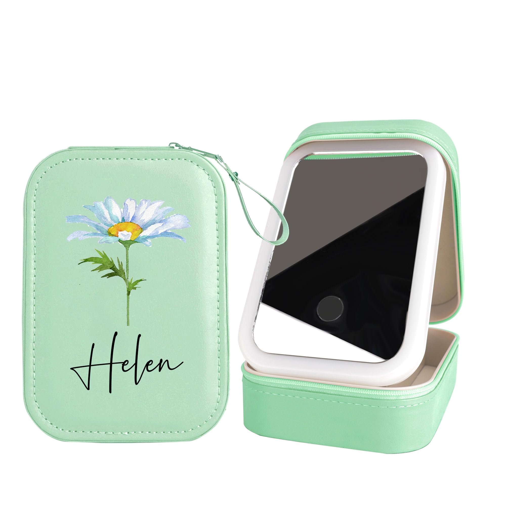 Custom Name Travel Jewellery Box with Led Mirror Personalised Birth Flower Travel Makeup Case with Light Up Mirror 3 Color Led Portable Jewelry Organizer