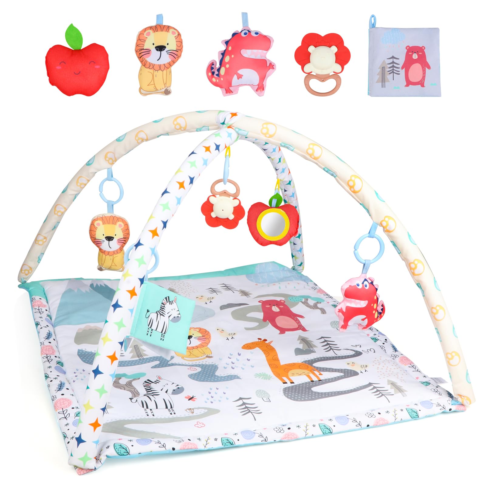 Jacootoys Gimnasio de juego para bebés, tapete de juego para bebés, gimnasio de actividades con 2 fundas lavables y reemplazables visuales, 5 juguetes visuales