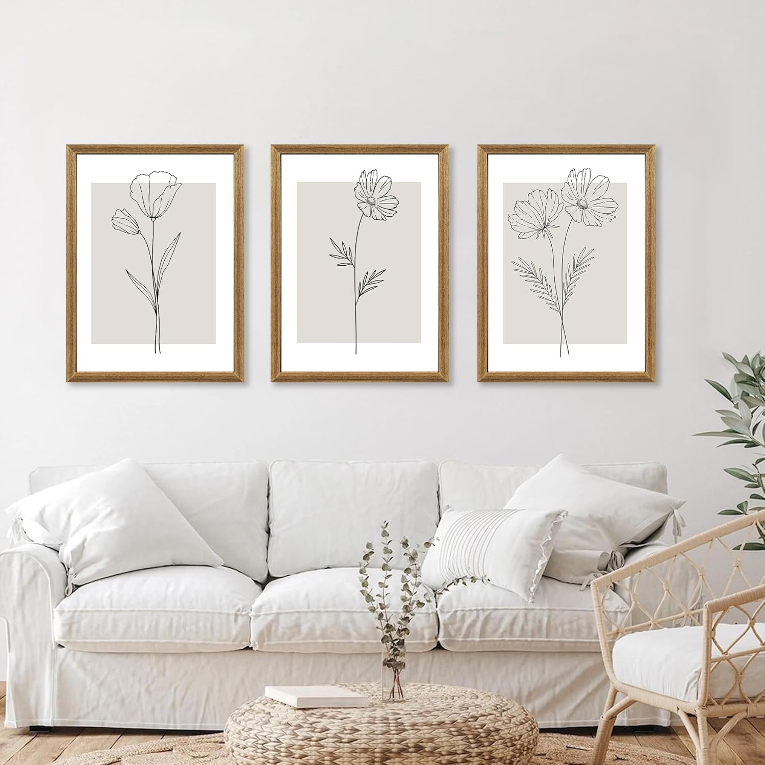 ICHZUMW Neutral Botanical Floral Wall Art, Black and White Farmhouse Flowers Wall Decor, Modern Minimalist Line Art Canvas Prints, Beige Artwork, Living Room Bedroom Home Office, Set of 3, 12x16in