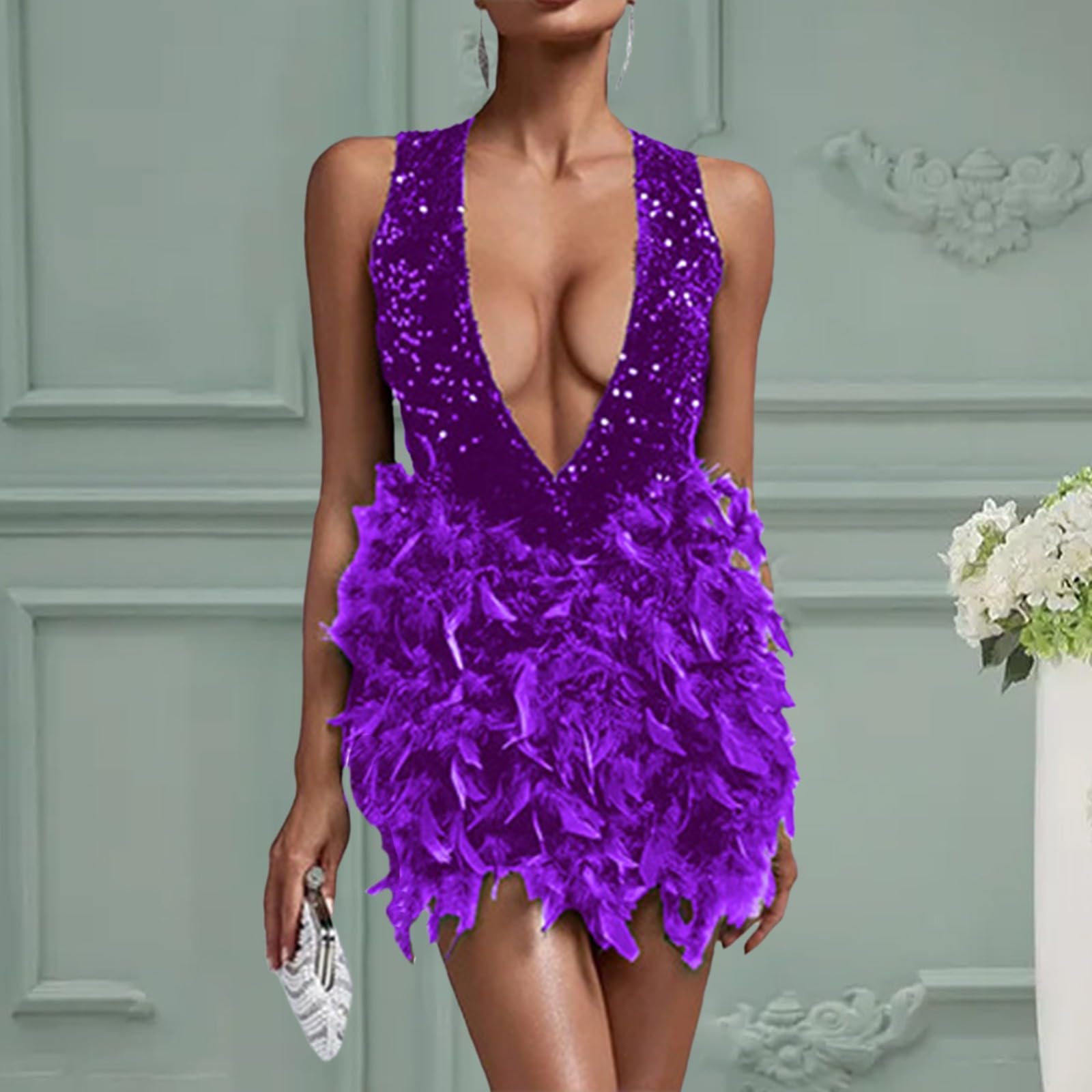 Damenkleid mit tiefem V-Ausschnitt, Freiliegendem Rucksack Hüftrock und Paillettenfedern Damen Kleid, Pailettenrock Für Damen Glitzer Rock Kurz Damen Sexy Midi Skirt Hüftrock