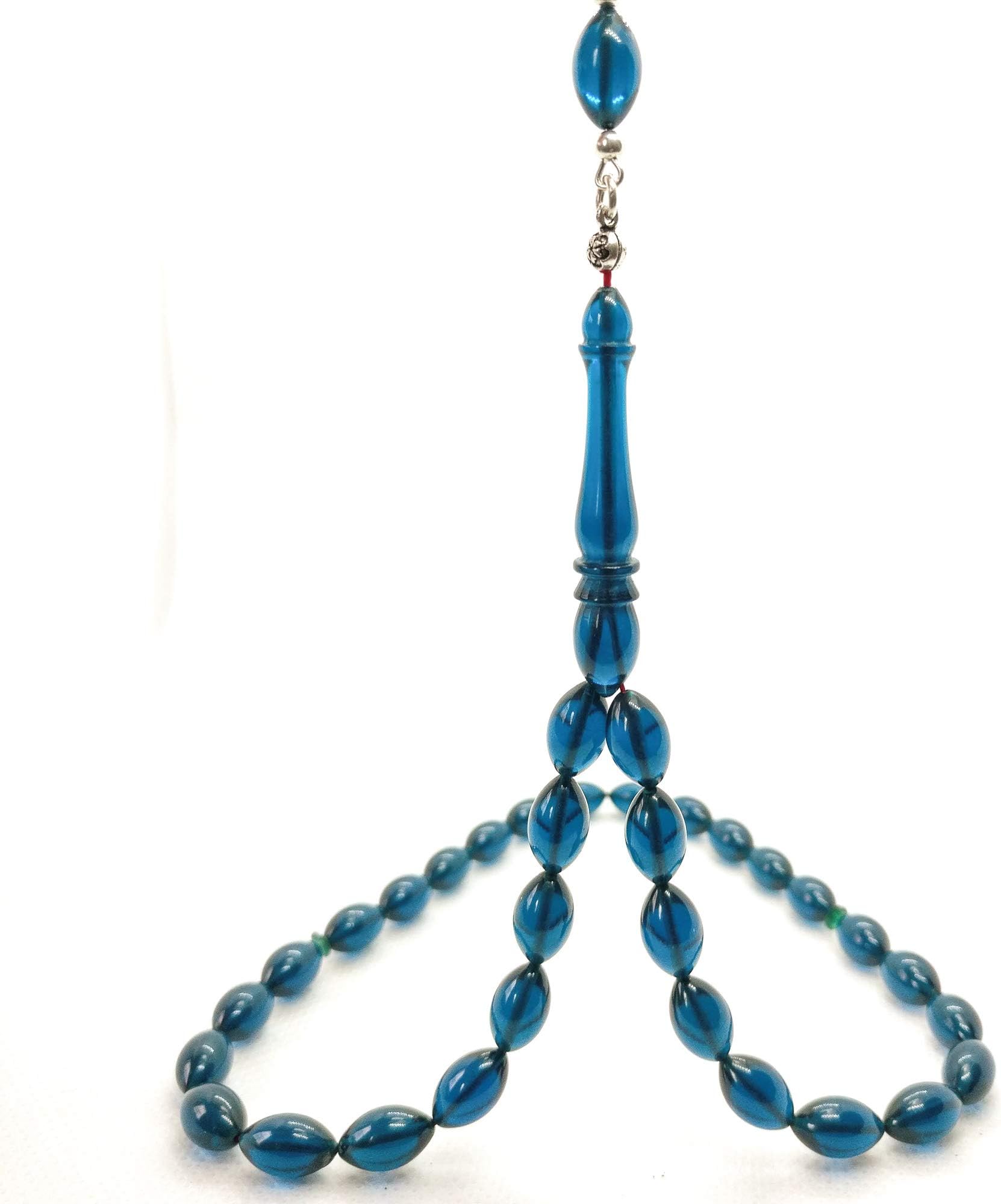Turkish Blue Amberoid Tasbih Prayer Beads with Silver Tassel and Chain, SIKMA Kehribar Tesbih, Komboloi, Misbaha, Islamic Gift by DunyaGems