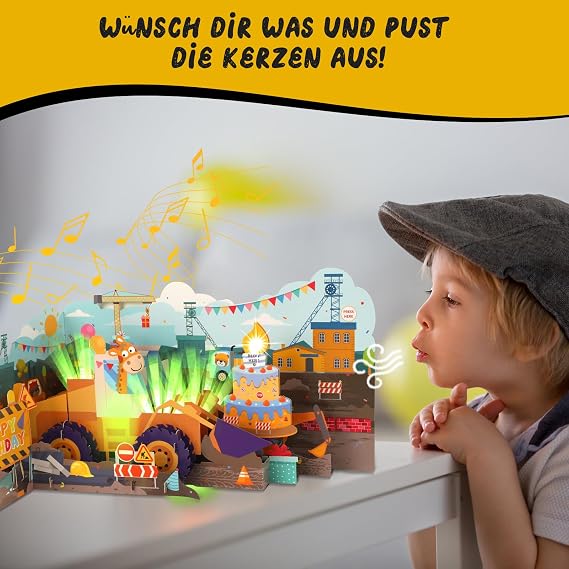 Music Birthday Card for Girls Boys 3D Bulldozer Pop-Up Birthday Card with Music & Light & Candle Blows Happy Birthday Singing Card Birthday for Girls Boys Kids