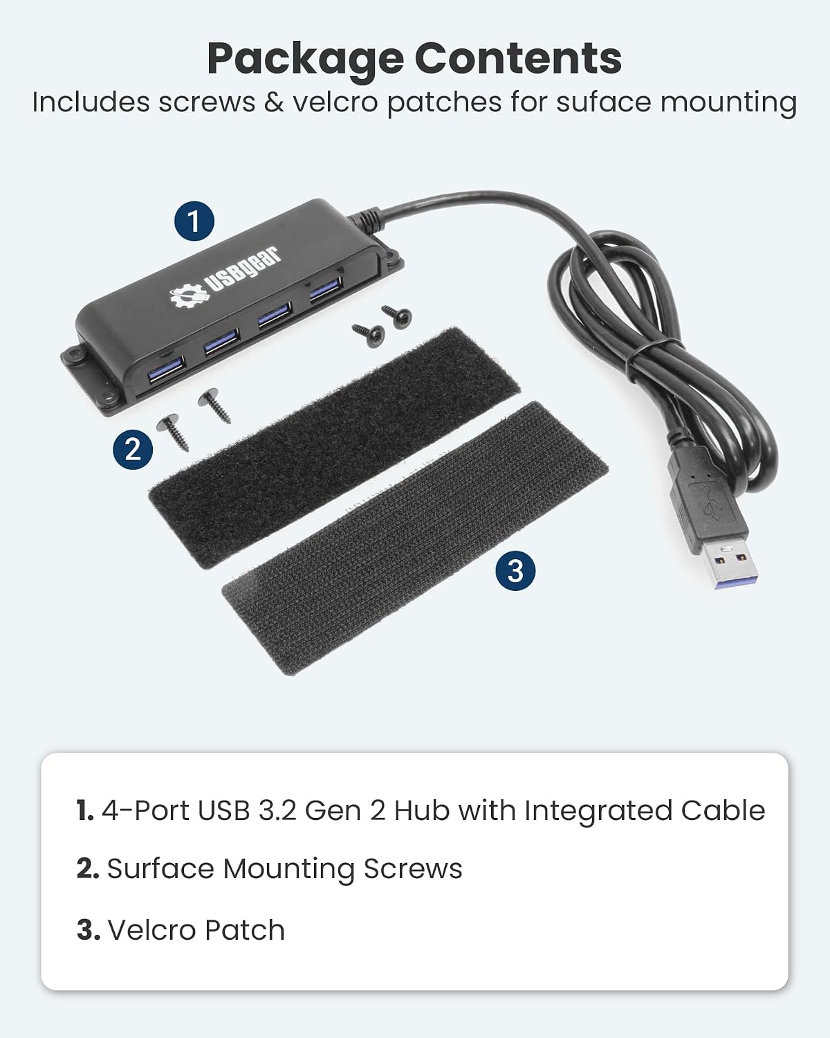 USBGear 4-Port USB 3.2 Gen 2 Hub – 10Gbps USB-A Expansion w/Integrated Cable & Flexible Mounting