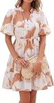 BTFBM Women Summer Floral Short Dresses V Neck Short Sleeve Tiered Ruffle Boho Swing Dress A-Line Mini Dresses
