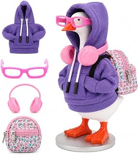 4-Piece Desk Goose Hoodie Outfit Set for 7 Inch Ornament | Includes Purple Clothes, Pink Glasses, Earphones, and Floral Backpack. Premium Desk Goose Outfits for Workspace Decoration.