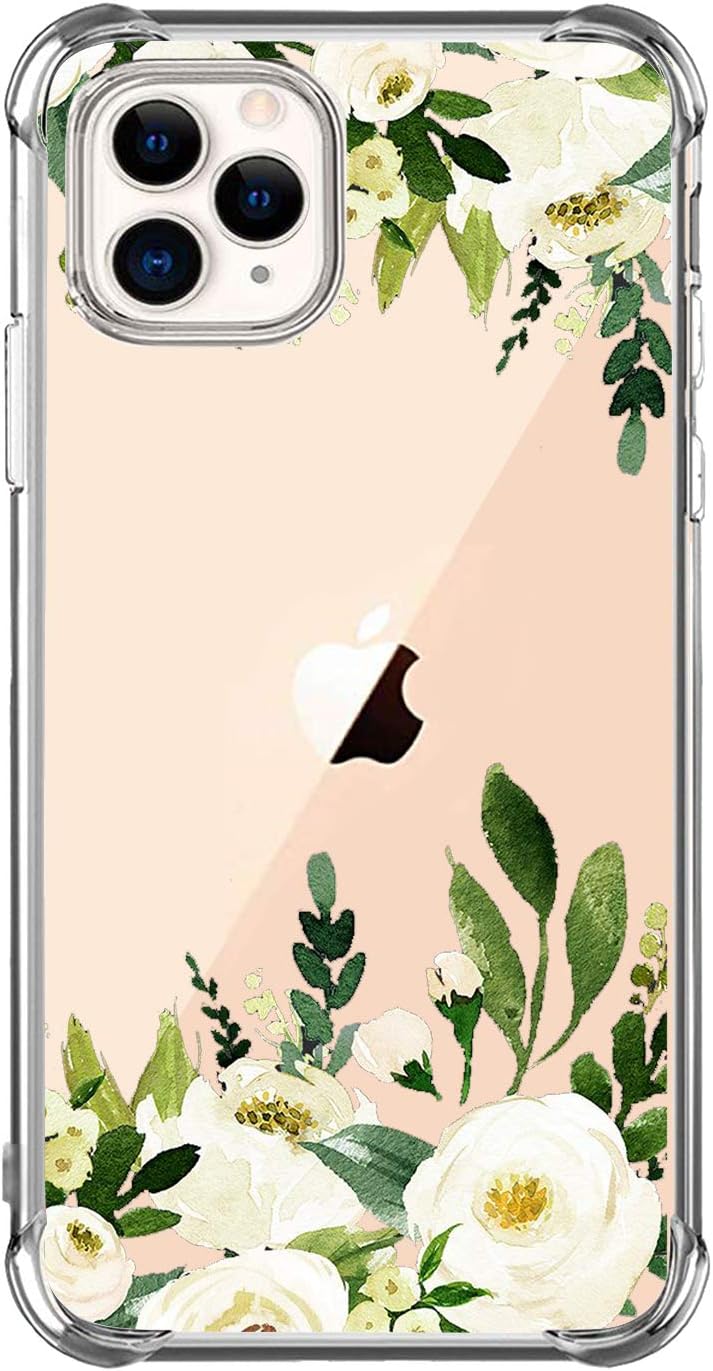 hepix Floral Case Compatible with iPhone 11 Pro Max 6.5 inch, White Roses Garden Flowers Design Case for Women, Slim Flexible Soft TPU Stylish Cute Raised Lips Anti-Scratch Shockproof Protective Case