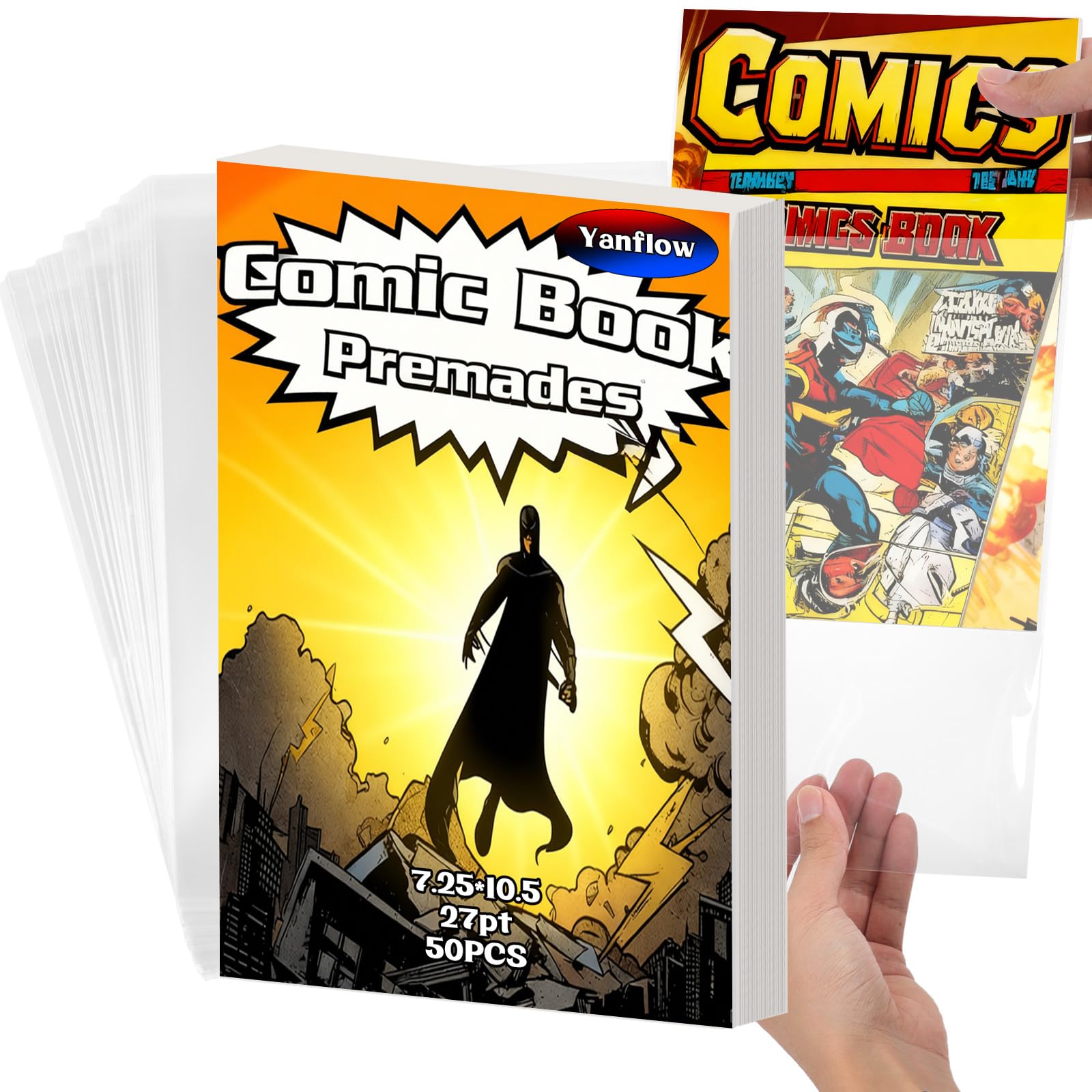 50 Pack Comic Book Bags and Boards Set 7.25x10.5 Inch Self-Sealing Comic Bags and Boards with Archival Boards for Long-Term Storage & Protection