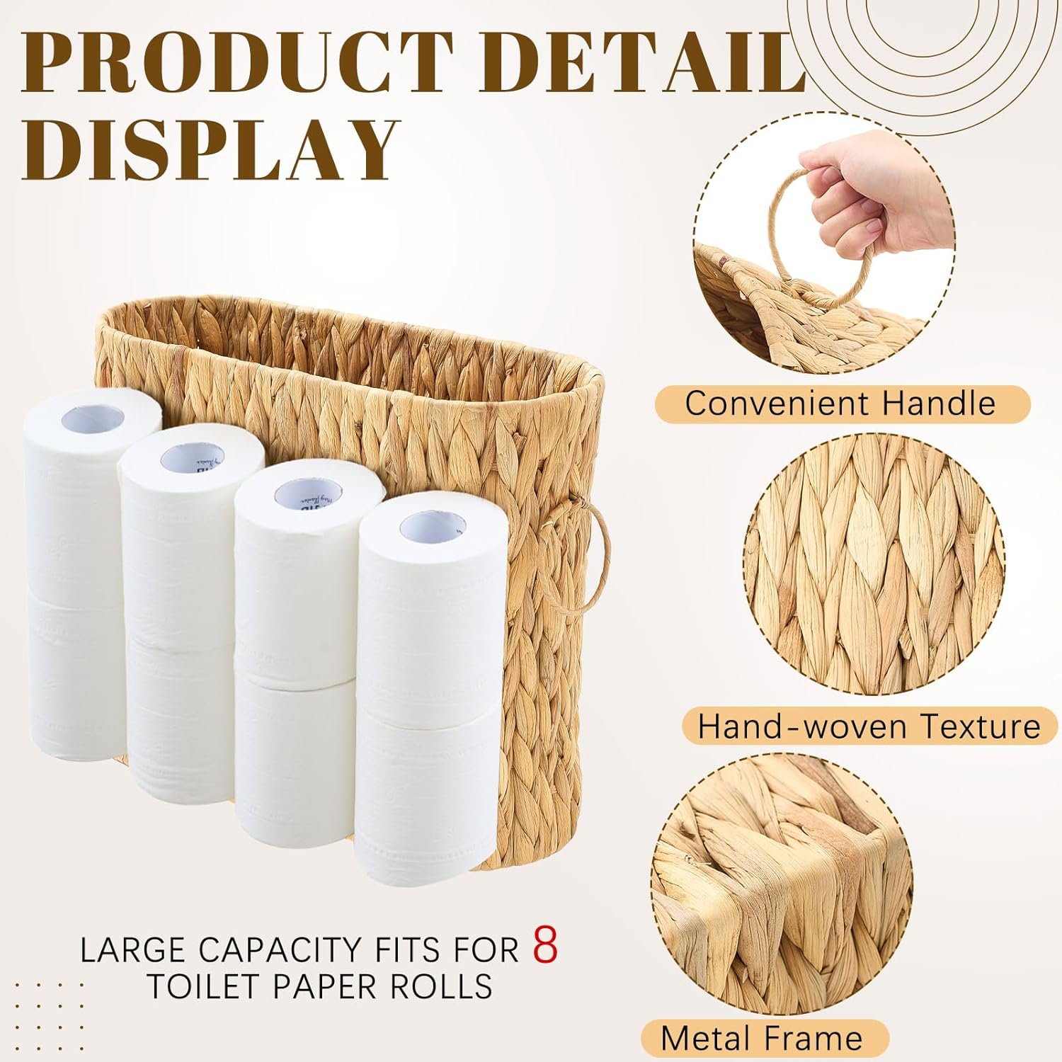 Remerry 16 Pcs Wicker Bathroom Set Toilet Paper Storage, Wicker Tissues Box Holder, Toilet Tank Basket, 2 Gallon Round Trash Can, Shower Curtain Hook, Handwoven Waste Basket for Bedroom, Kitchen, Home