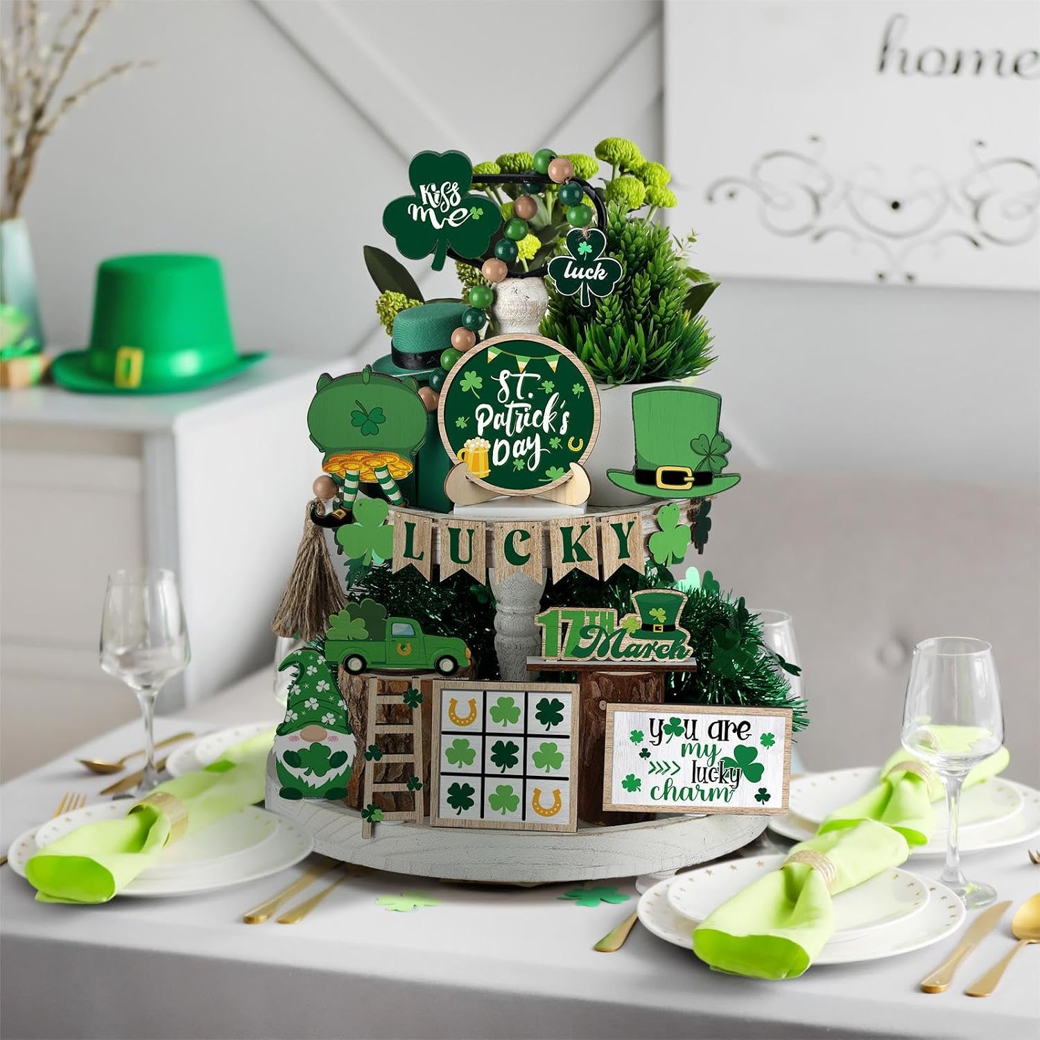 Maitys 21 Pcs St Patricks Day Tiered Tray Decor Gnome Truck, Shamrock
