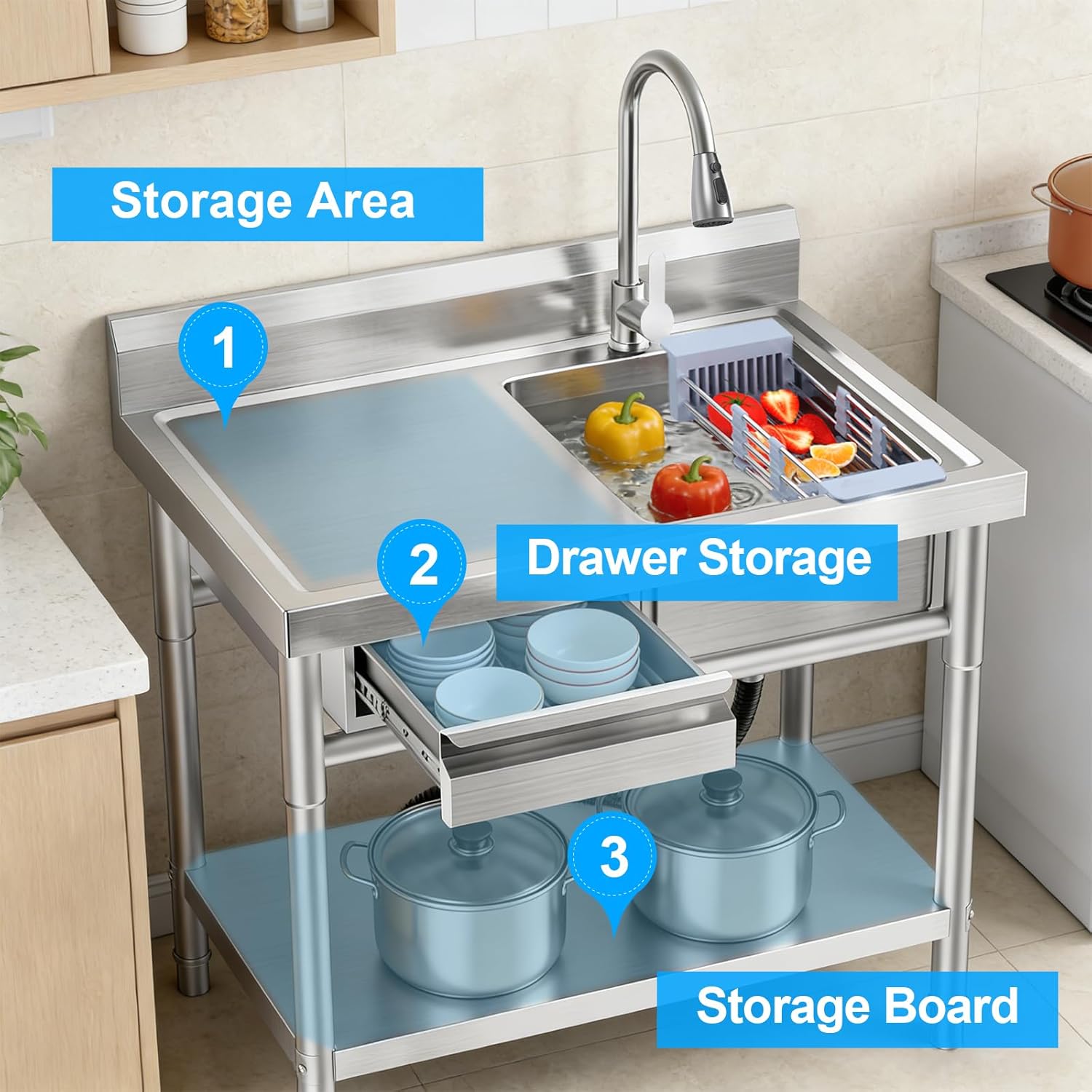 Stainless Steel Utility Sink Freestanding Single Bowl Laundry Sink with Hot and Cold Water Plumbing Workbench Drawers for Laundry Room Farmhouse Indoor and Outdoor Sink