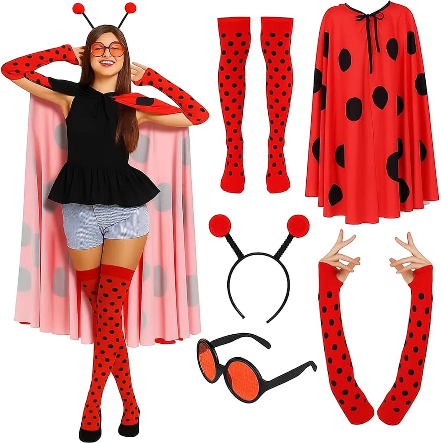 Berlune 5 Pcs Ladybug Costume Set for Women Adult Halloween Costume Accessories Ladybug Outfits Included Ladybird Cloak Antenna Headband Gloves Sunglasses Sock for Halloween Birthday Cosplay Party