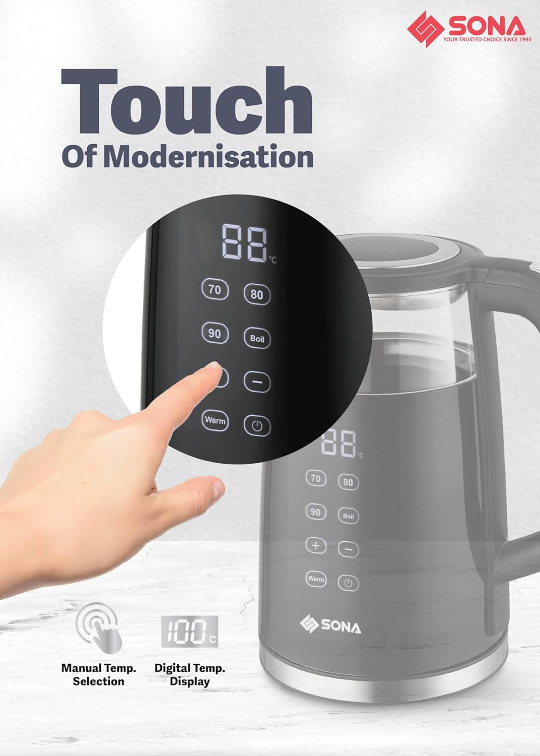 Kettle control panel with touch buttons