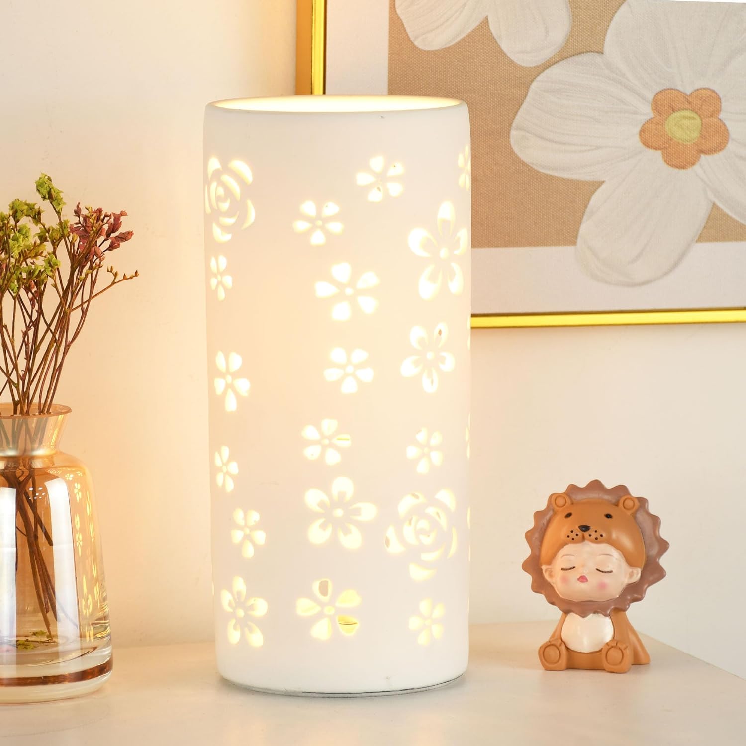 Lampwell Dana White Modern Ceramic Flower Carving Table Lamp for Living Room & Bedroom,Kids Night Ceramic Table Lamp,Φ3.54×H7.87IN,Bulb Excluded