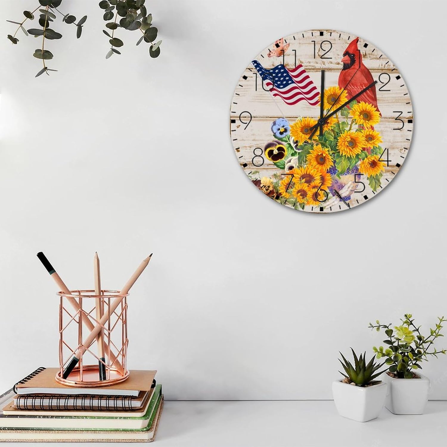 Wood Hanging Wall Clock Analog Round Non-Ticking 4th of July Patriotic Sunflower Cardinal Country Wall Clocks American Flag Autumn Summer Home Decoration for Entryway Home Daycare 12 Inch