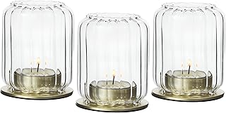 Vixdonos Glass Hurricane Tealight Candle Holder with Metal Candle Stand,Set of 3 Modern Windproof Votive Candle Holders for Wedding Party Table Centerpiece Outdoor,Clear