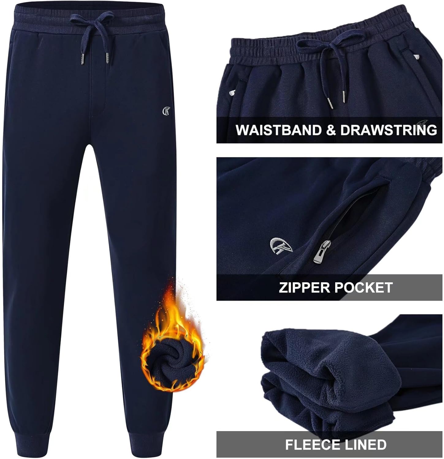 QPNGRP Men's Winter Fleece Lined Stretch Sweat Pants Zipper Pocket - Image 4