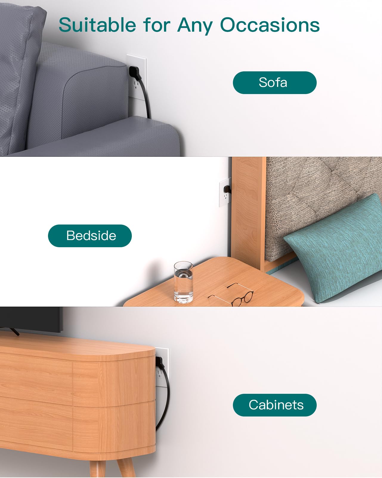 Cruise Essentials - Tira de alimentación de enchufe plano, Addtam ultra plana de 5 pies con extensor de 6 tomacorrientes, protector de sobretensiones para cruceros, viajes, recámara, oficina en casa,