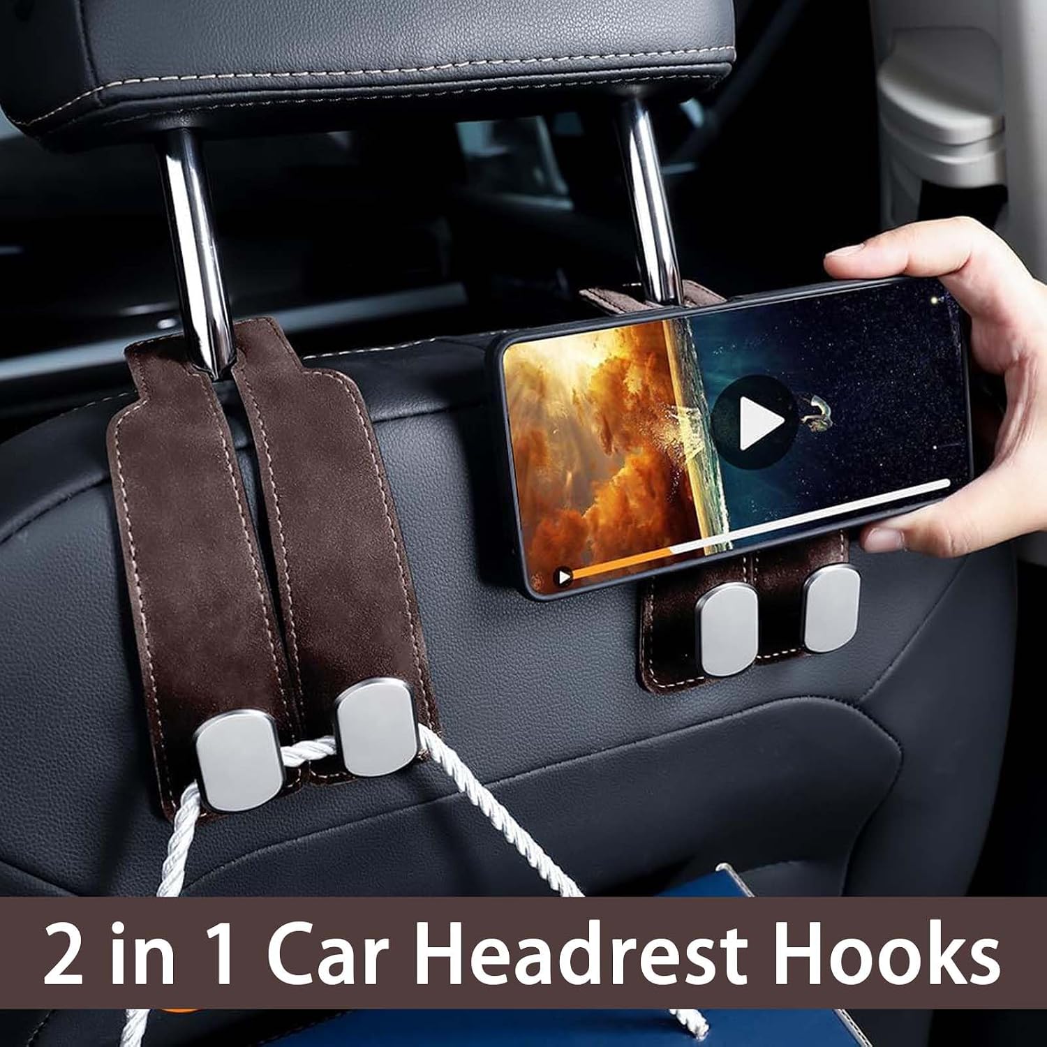 2PCS Car Hooks for Headrest, Leather Car Seat Headrest Double Hook image 5