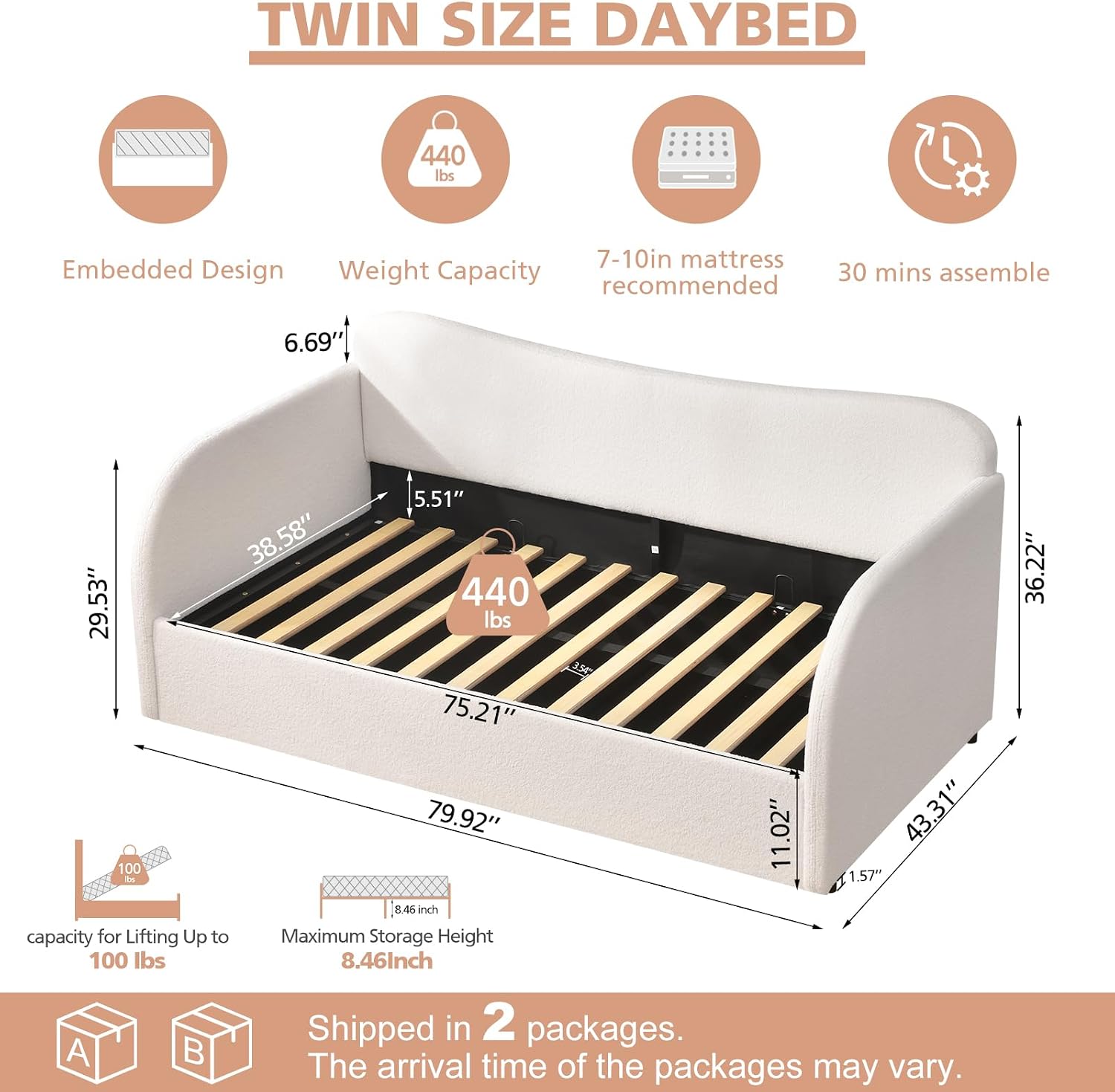 VELOCAVA Twin Size Upholstered Daybed with Lift-Up Storage, Modern Boucle White Bed with Gas Lift Mechanism, Curved Back and Arms, No Box Spring Needed, Perfect for Bedroom or Guest Room