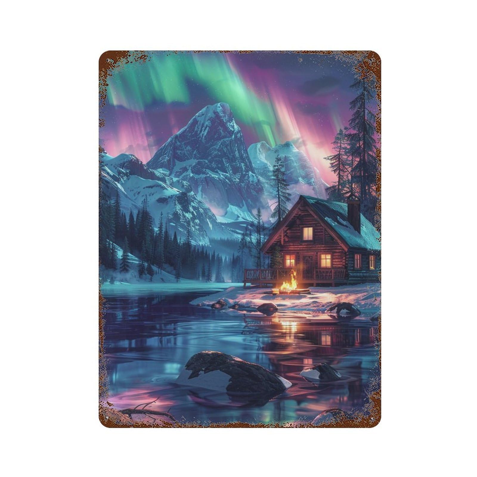 Northern Lights Cabin Retreat 15.7"x11.8" Aged Metal Wall Plaque, Vintage Wall Decor for Basement, Hobby Room And Garage Decor
