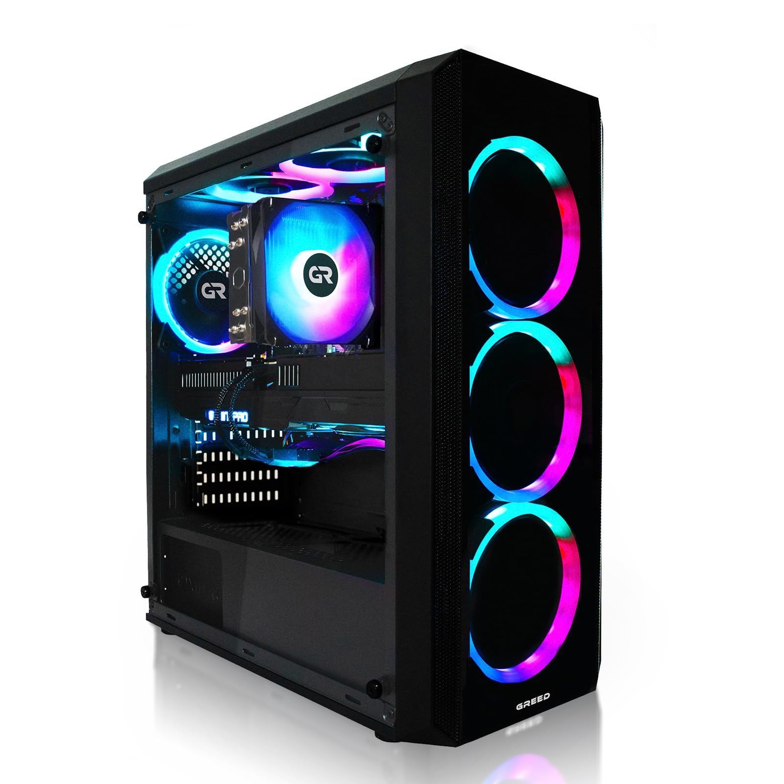 Greed® MK2 Plus - High End Gaming PC - AMD Ryzen 7 5700X + RX 9060XT 16GB - Schneller RGB Computer + 4K Raytracing Rechner mit 4,6 GHZ - 32GB DDR4 RAM - 1TB SSD + 750W Netzteil - WLAN + Windows 11 Pro