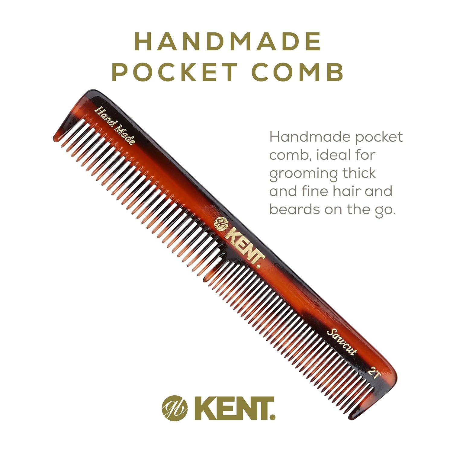 Kent 2T Fine Toot and Wide Tooth Comb For Men, Small Beard and Mustache Comb, Daily Hair Styling and Mens Grooming Combs,Handmade Saw-Cut and Polished, Made in England