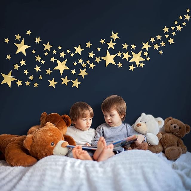 decalmile 75 Pieces Gold Star Acrylic Mirror Wall Stickers 3D DIY Wall Decals Living Room Bedroom Home Wall Art Decor