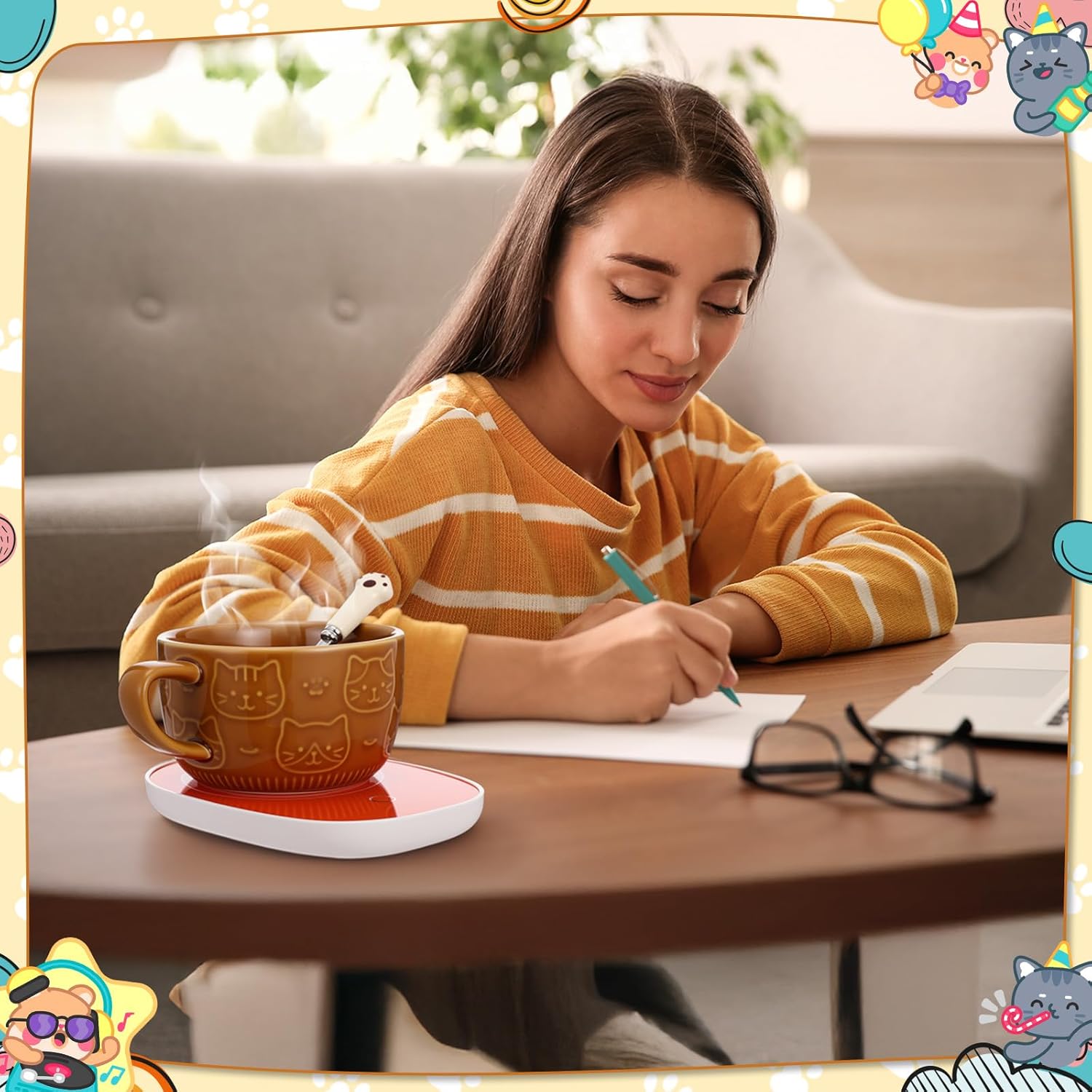 Brown Cat Coffee Mug Warmer Set Cute Mug 10oz with Lid Spoon Electric Coffee Cup Heater for Cat Lovers Winter Women Mom Grandma Teacher Home Office Valentine's Day Birthday Gift - Image 6